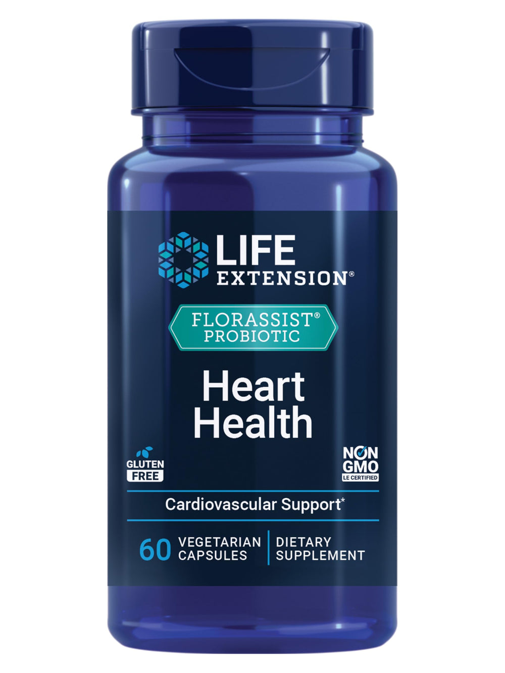 Life Extension FlorAssist Heart Health bottle shown, highlighting probiotic heart health support