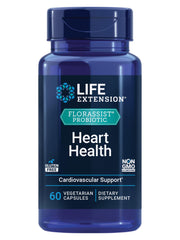 Life Extension FlorAssist Heart Health bottle shown, highlighting probiotic heart health support