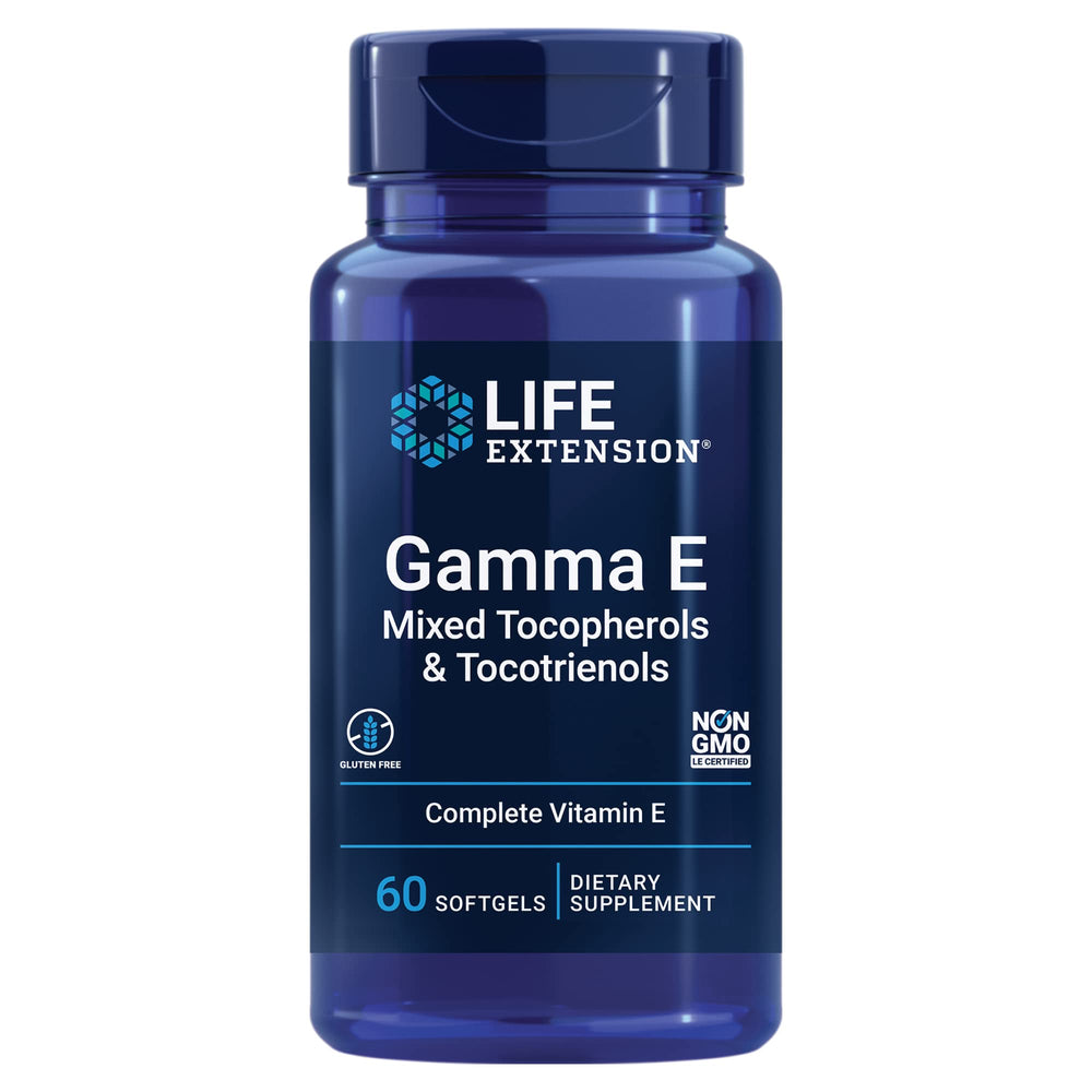 Life Extension Gamma E softgels bottle showcases complete vitamin E spectrum for daily antioxidant support.