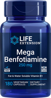 Life Extension Mega Benfotiamine 250mg bottle close-up for daily wellness support