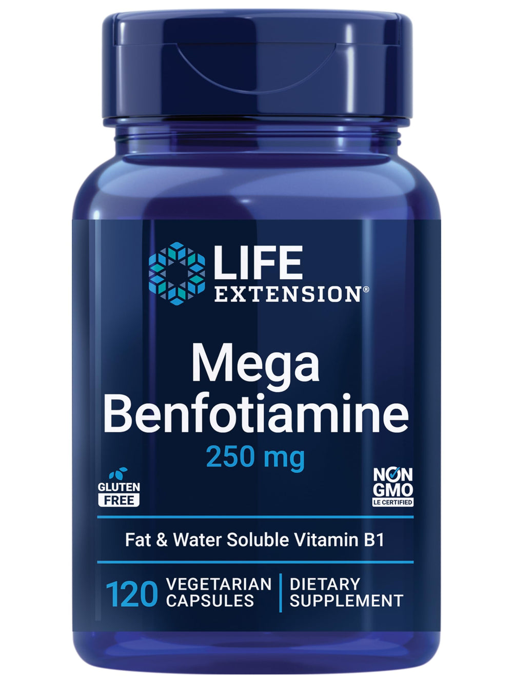 Life Extension Mega Benfotiamine bottle shows the 250 mg formula for daily support.