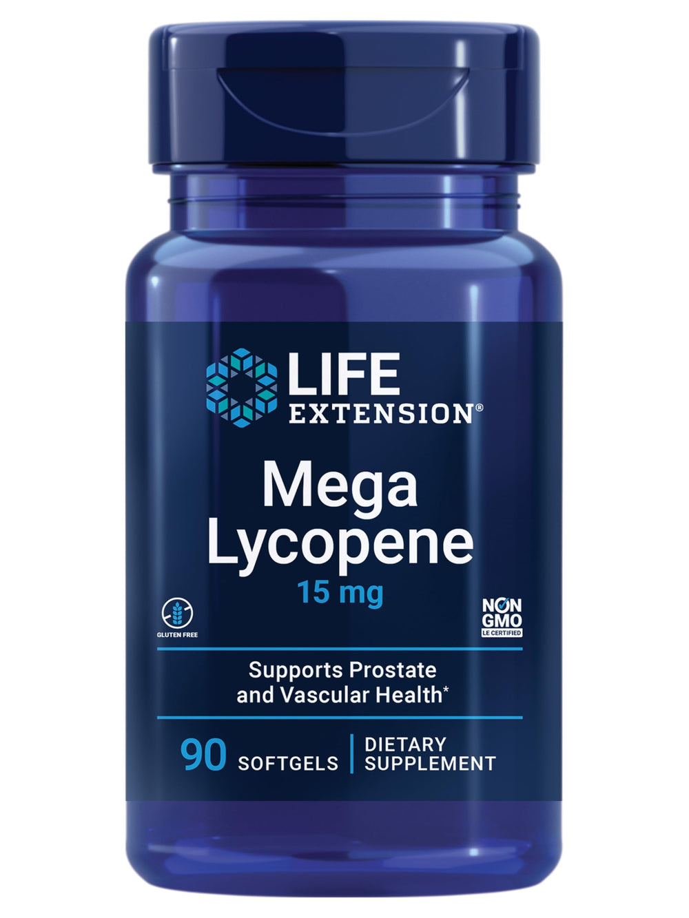 Life Extension Mega Lycopene bottle with 90 softgels, illustrating daily prostate and vascular support.