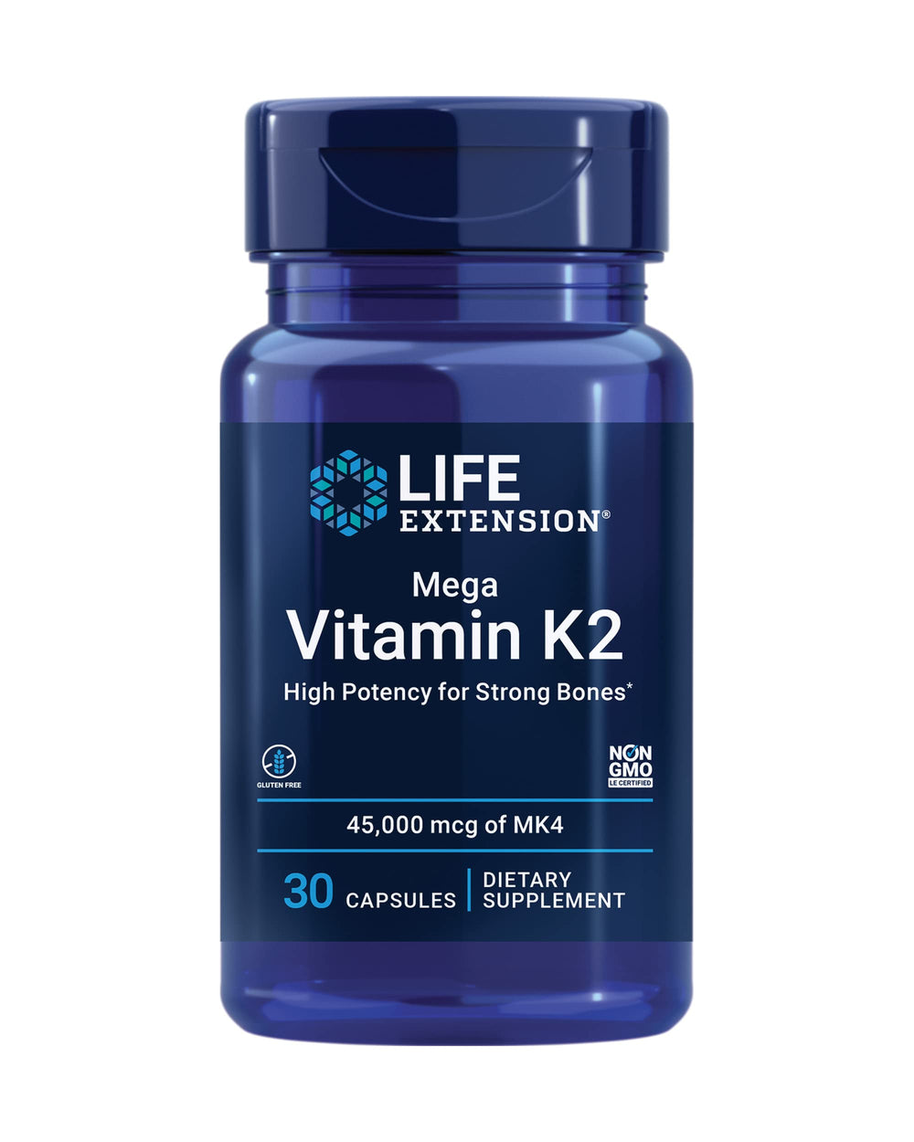 Life Extension Mega Vitamin K2 bottle front highlights gluten-free packaging for bone health support.