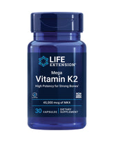 Life Extension Mega Vitamin K2 bottle front highlights gluten-free packaging for bone health support.