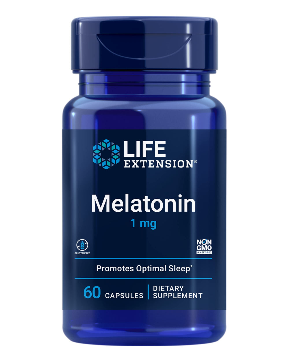 Life Extension Melatonin 1mg bottle label highlighting gluten-free, non-GMO formulation for restful nights.