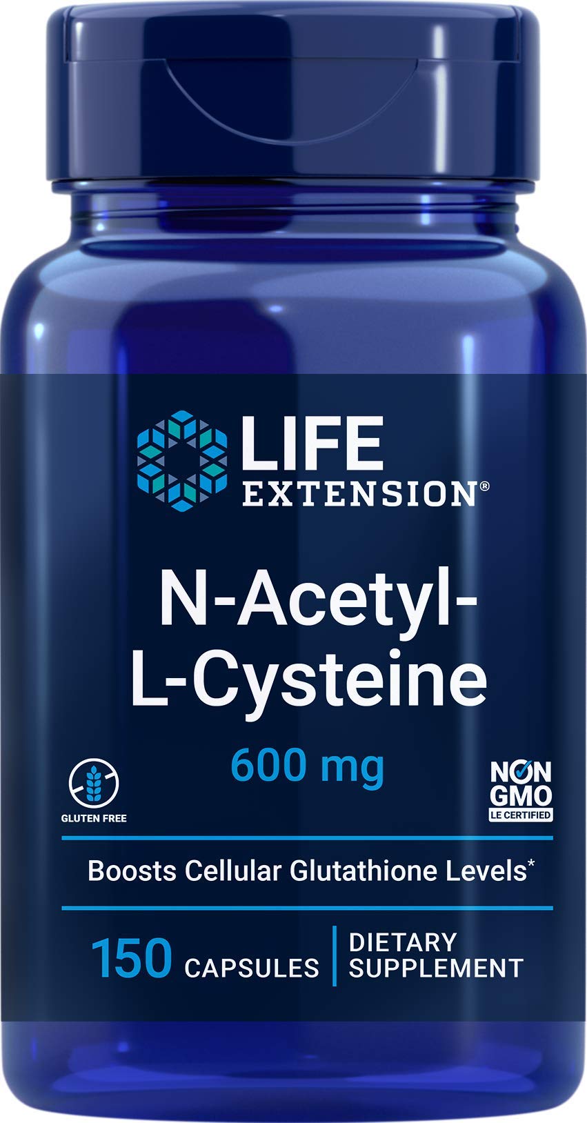 Life Extension NAC 600mg bottle front highlighting antioxidant support.