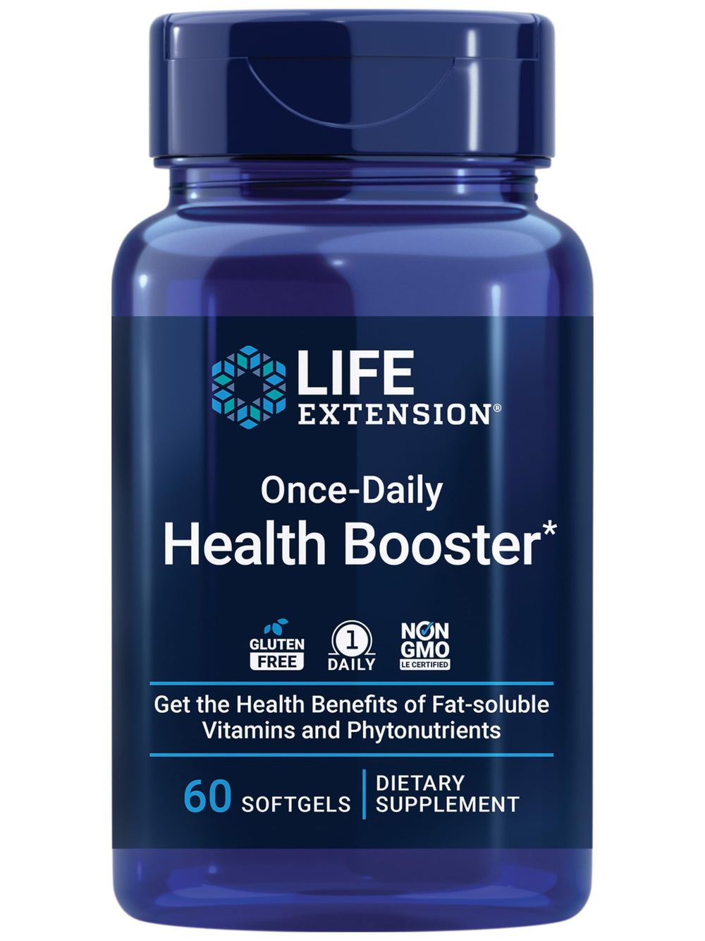 Life Extension Once-Daily Health Booster bottle front view highlighting essential vitamins.
