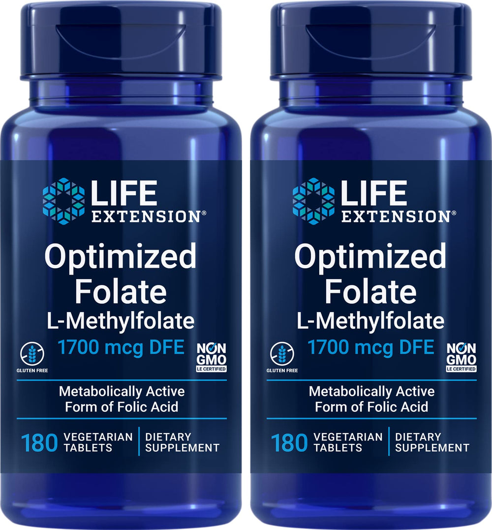 Life Extension Optimized Folate bottle showing 5-MTHF benefits for brain health.