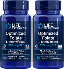 Life Extension Optimized Folate bottle showing 5-MTHF benefits for brain health.