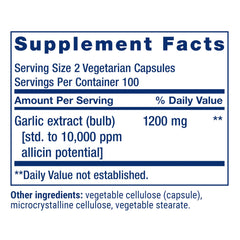 Life Extension Optimized Garlic label close-up, gluten-free and non-GMO claim visible.