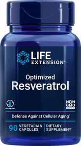 Life Extension Optimized Resveratrol bottle with 90 capsules for daily longevity support.