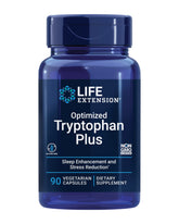 Life Extension Optimized Tryptophan Plus bottle on desk suggesting sleep support and mood balance
