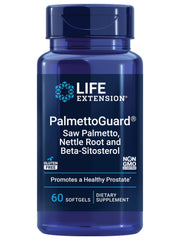 Life Extension PalmettoGuard bottle shows 60 softgels for daily prostate support