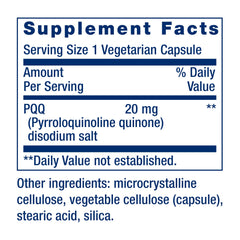 Life Extension PQQ bottle close-up shows label with non-GMO and purity.