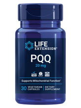 Life Extension PQQ bottle label highlights the 20 mg dose and gluten-free formula.