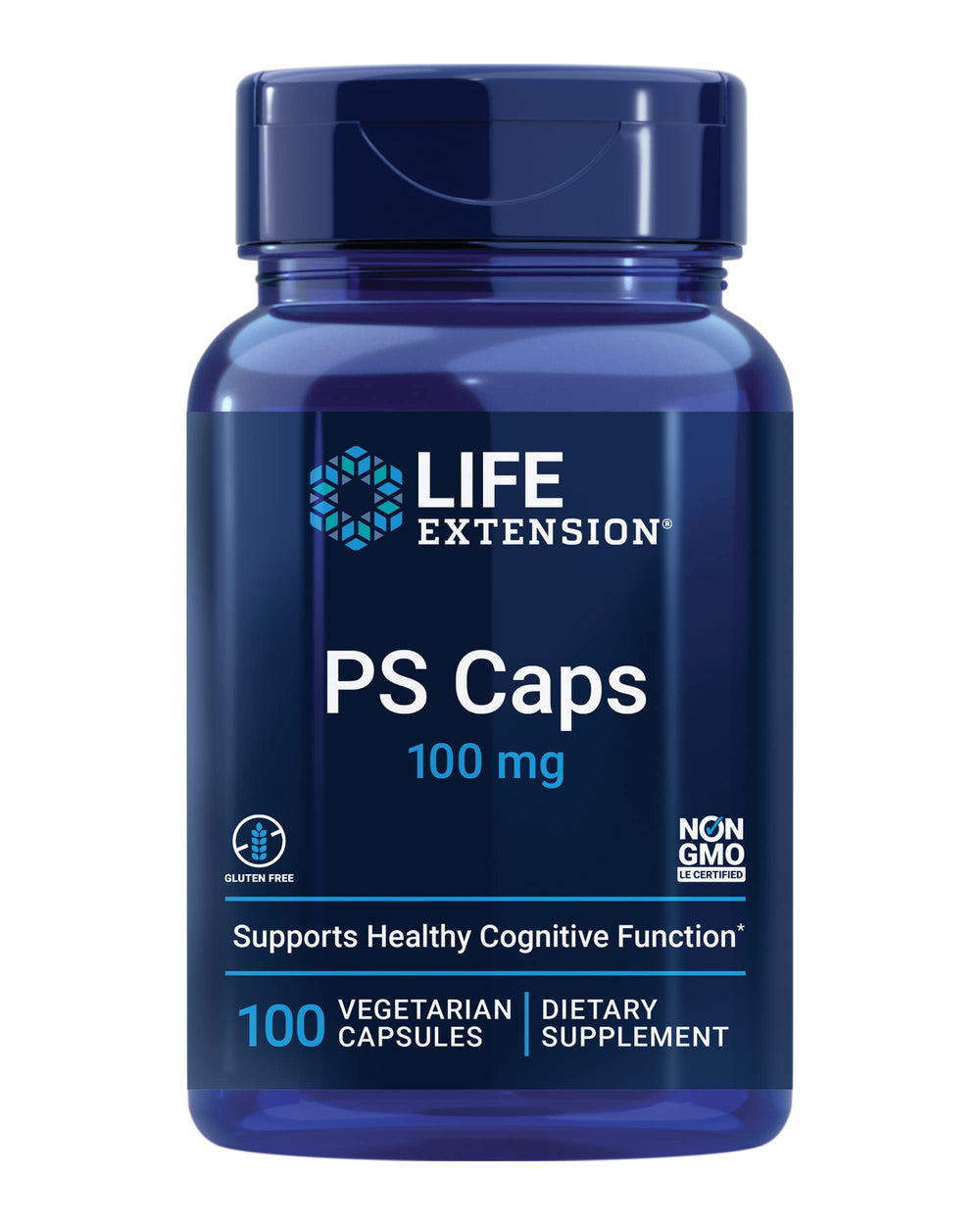 Life Extension PS Caps bottle displaying 100 mg phosphatidylserine for cognitive support.