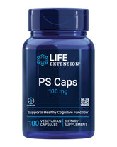 Life Extension PS Caps bottle displaying 100 mg phosphatidylserine for cognitive support.