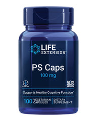 Life Extension PS Caps bottle displaying 100 mg phosphatidylserine for cognitive support.
