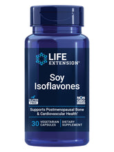 Life Extension Soy Isoflavones bottle front, suggesting daily support for heart and bone health.