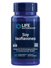 Life Extension Soy Isoflavones bottle front, suggesting daily support for heart and bone health.