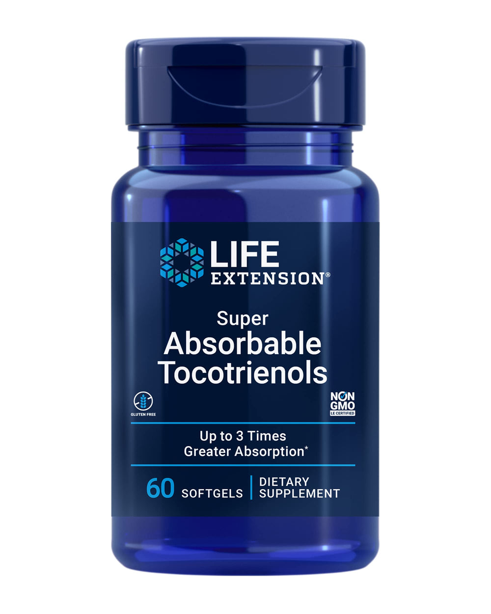 Life Extension Super Absorbable Tocotrienols bottle showing easy to swallow softgels and gluten-free formulation