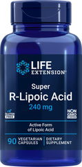 Life Extension Super R-Lipoic Acid bottle front showing 90 vegetarian capsules for energy support