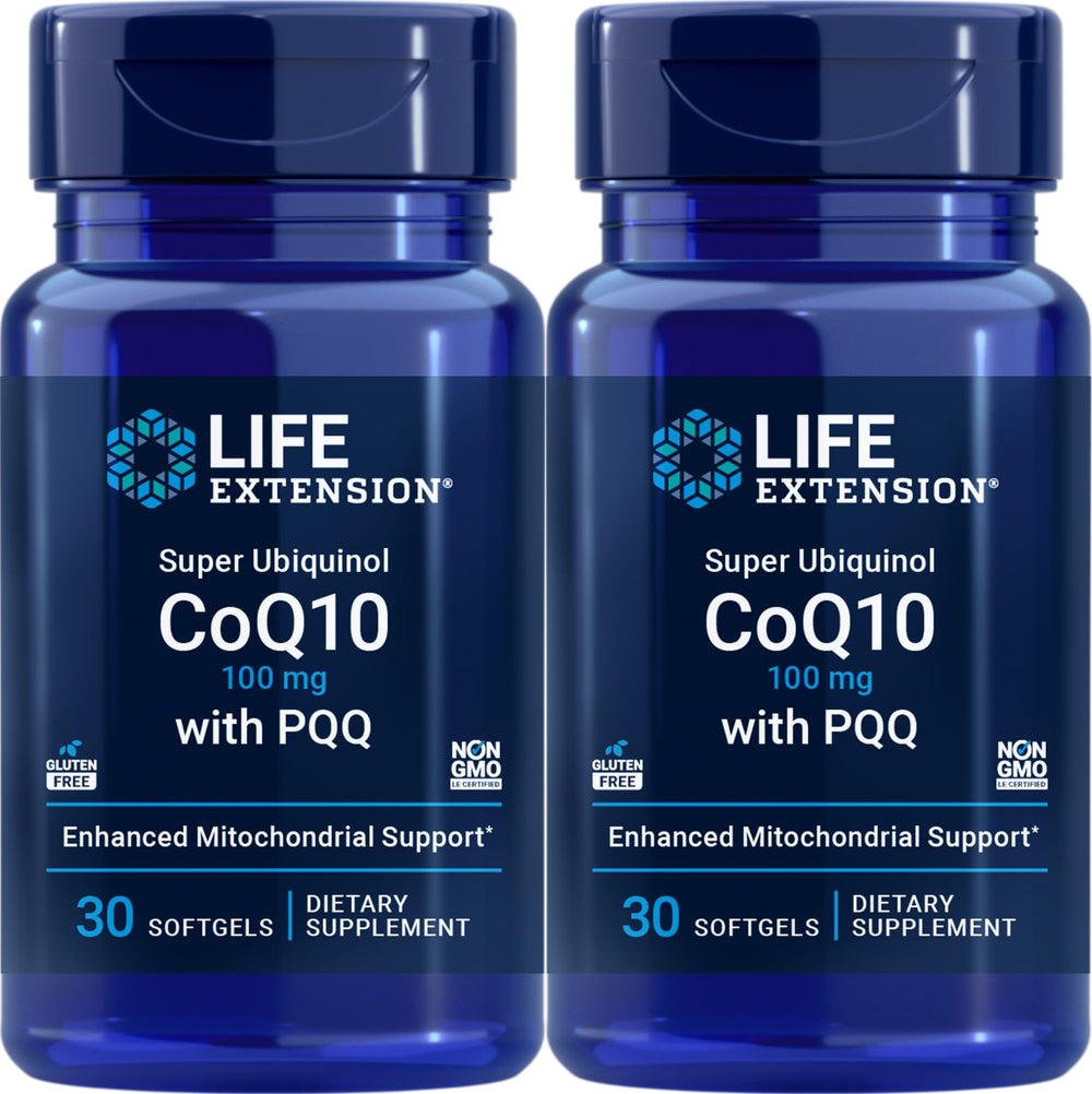 Life Extension Super Ubiquinol CoQ10 with PQQ bottle close-up for energy-supporting formula.