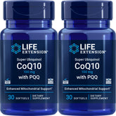 Life Extension Super Ubiquinol CoQ10 with PQQ bottle close-up for energy-supporting formula.
