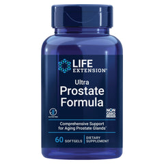Life Extension Ultra Prostate Formula bottle shows easy-to-swallow softgels for daily support.