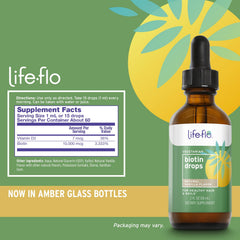 Life-Flo Biotin Drops dropper releasing liquid for simple supplementation.
