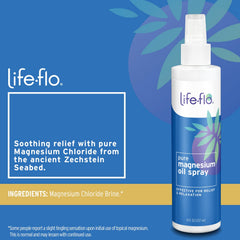 Life-Flo magnesium oil spray shown for easy, non-greasy application.