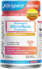 Life-Space Probiotic for Women bottle closeup showing daily support for vaginal balance