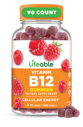 Lifeable B12 gummies bottle front view with raspberry flavor for daily energy support.