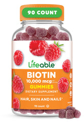 Lifeable Biotin Gummies bottle with raspberry flavor for daily hair, skin, and nails care.