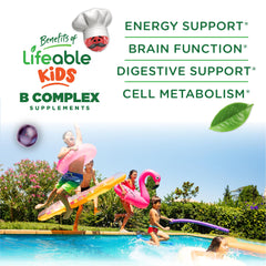 Lifeable Kids B Complex strawberry-flavored gummies, easy to chew during after-school routines.