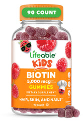 Lifeable Kids Biotin Gummies jar close-up shows a kid-friendly raspberry supplement.