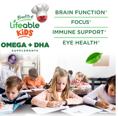 Lifeable Omega 3 for Kids Gummies package close-up shows flaxseed-based formulation and labeling.