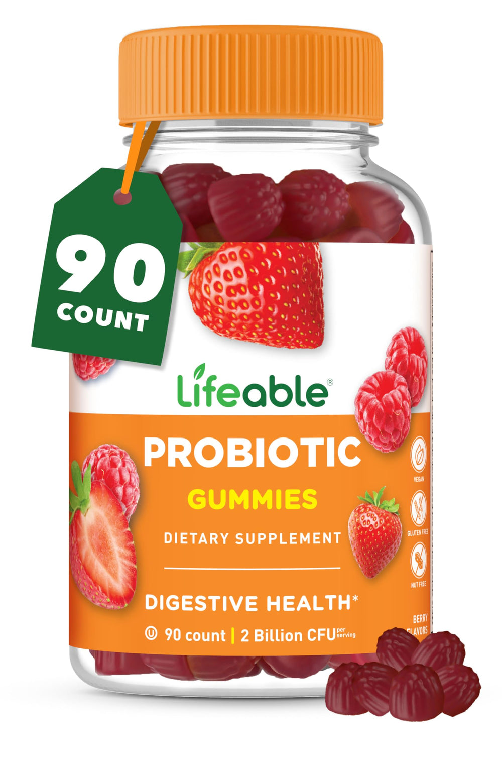 Lifeable Probiotics Gummies bottle close-up with raspberry flavor for gut health