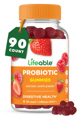 Lifeable Probiotics Gummies bottle close-up with raspberry flavor for gut health