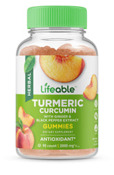 Lifeable turmeric-curcumin gummies in a jar with peach flavor for daily immune support.