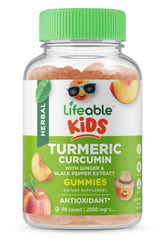 Lifeable kids turmeric-curcumin-ginger gummies front of jar, peach flavor, kid-friendly daily immune support.
