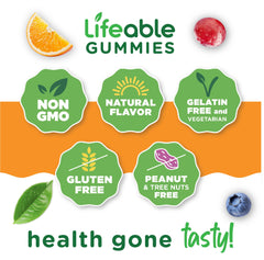 Lifeable Vitamin E Gummies label notes vegetarian, non-GMO, gluten-free attributes