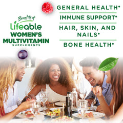 Lifeable women's multivitamin gummy two gummies in hand suggests convenient daily dosing.