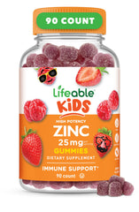 Lifeable Zinc for Kids bottle front shows a tasty, berry-flavored supplement for daily wellness.