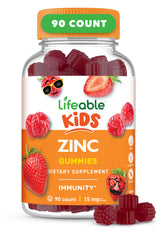Lifeable Zinc Gummies for Kids bottle front with berry label; supports daily immune balance.
