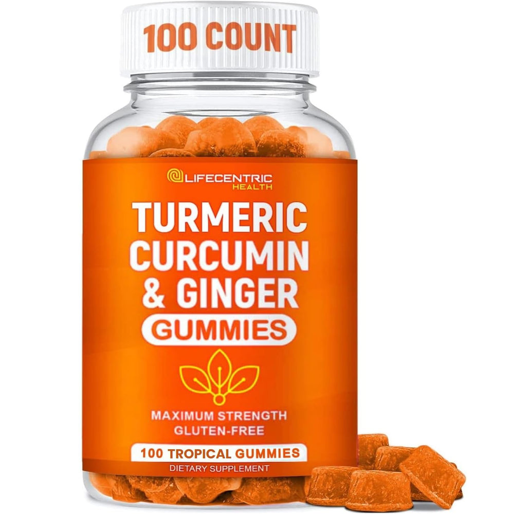LifeCentric Health turmeric gummies bottle front for daily wellness support.