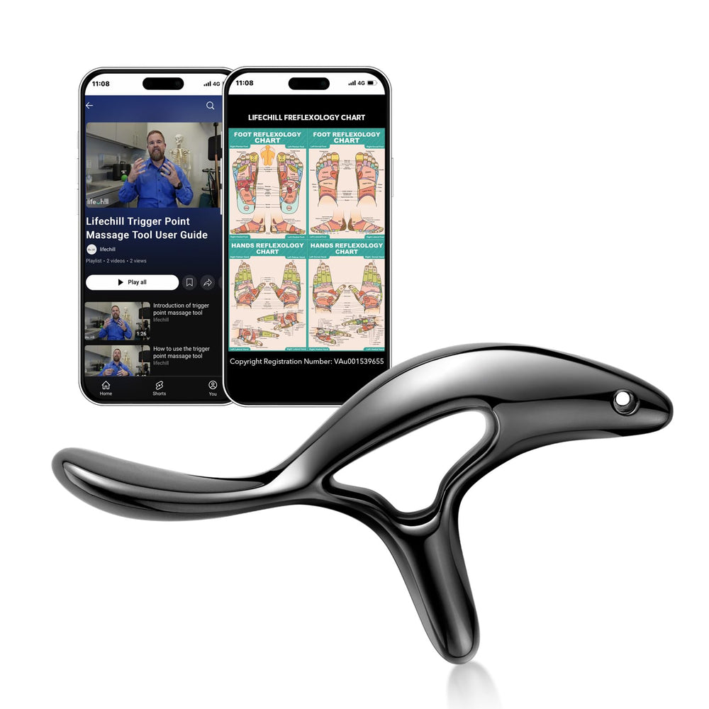 Lifechill wing-design gua sha tool for neck and back relief.