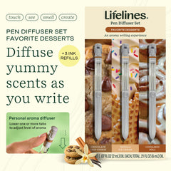 Chocolate chip cookie scent from Lifelines pen diffuser enhances cozy writing sessions.