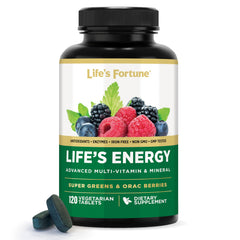 Life's Fortune Lifes Energy bottle closeup highlights a daily multivitamin for steady daytime energy.