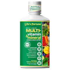 Life's Fortune liquid multivitamin bottle front shows tropical, sugar-free daily supplement